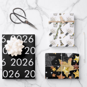 Happy New Year 2026 Black White Gold Confetti  Wrapping Paper Sheet