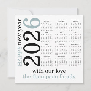 Happy New Year 2026 Blue White Calendar  Holiday Card