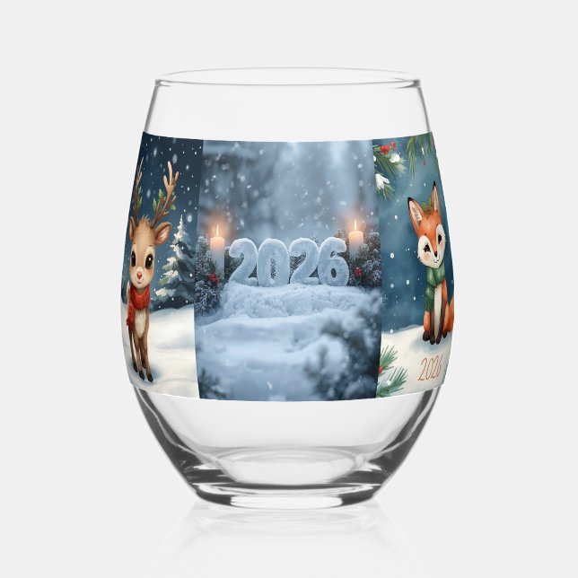 happy new year 2026 candlelight  stemless wine glass (Front)