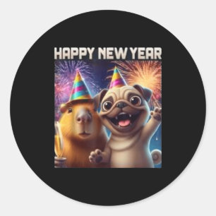 Happy New Year 2026 Capybara Pug Party Art  Classic Round Sticker