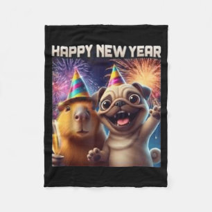Happy New Year 2026 Capybara Pug Party Art Fleece Blanket