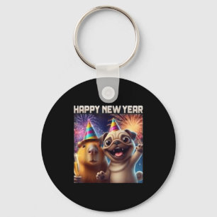 Happy New Year 2026 Capybara Pug Party Art Key Ring