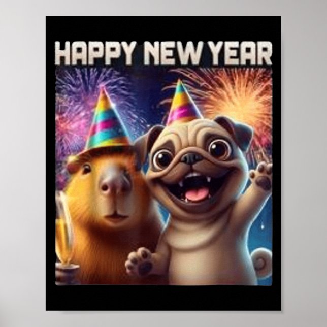 Happy New Year 2026 Capybara Pug Party Art  Poster (Front)
