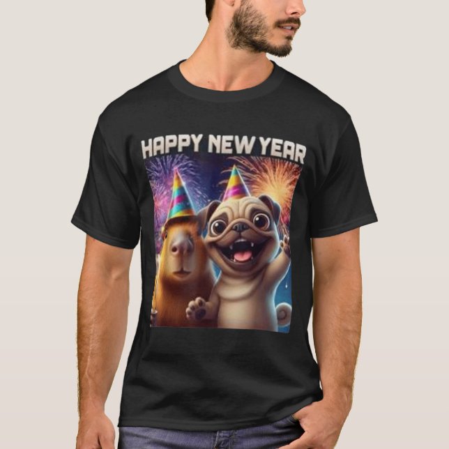 Happy New Year 2026 Capybara Pug Party Art  T-Shirt (Front)