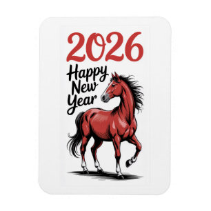 Happy New Year 2026 Card Red Horse Illustration Magnet