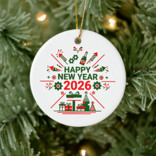 Happy New Year 2026 Celebration Ceramic Ornament