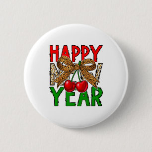 Happy New Year 2026 Cherries & Leopard Coquett 6 Cm Round Badge
