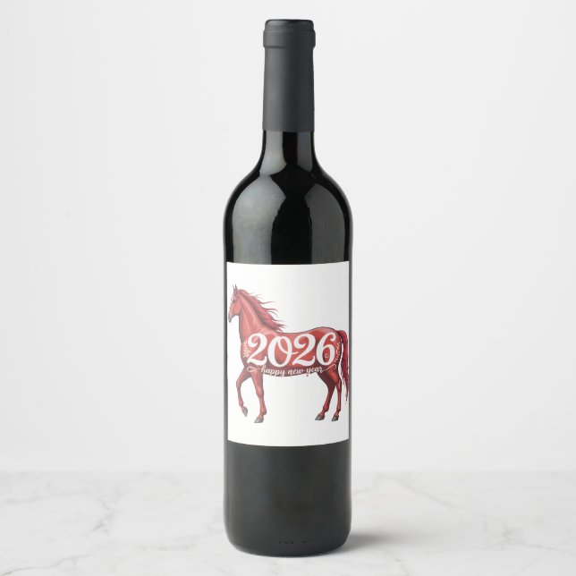 Happy New Year 2026 Chinese Red Horse  Wine Label (Front)