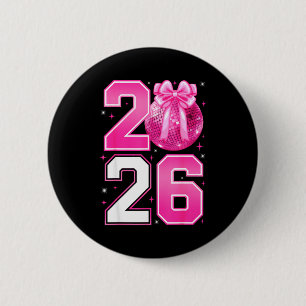 Happy New Year 2026 Coquette Bow & Disco Ball 6 Cm Round Badge
