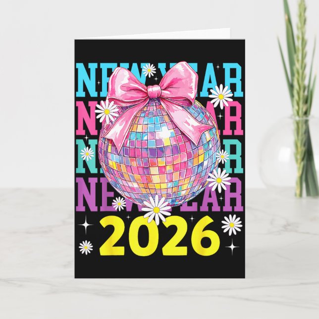 Happy New Year 2026 Coquette Bow &amp; Disco Ball  Card (Front)