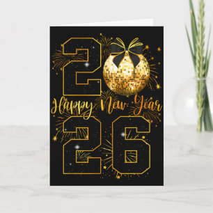 Happy New Year 2026 Coquette Bow Disco Ball New Ye Card