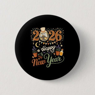Happy New Year 2026 Cottagecore Disco Mushroom Nat 6 Cm Round Badge