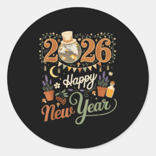 Happy New Year 2026 Cottagecore Disco Mushroom Nat Classic Round Sticker