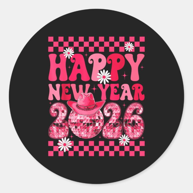 Happy New Year 2026 Cowgirl Cowboy Disco Ball Girl Classic Round Sticker (Front)