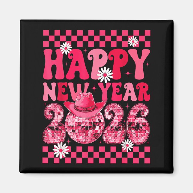 Happy New Year 2026 Cowgirl Cowboy Disco Ball Girl Magnet (Front)