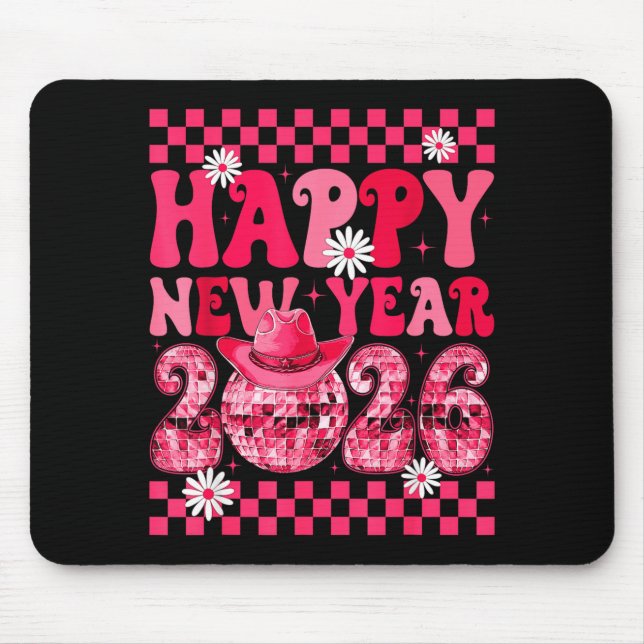 Happy New Year 2026 Cowgirl Cowboy Disco Ball Girl Mouse Pad (Front)