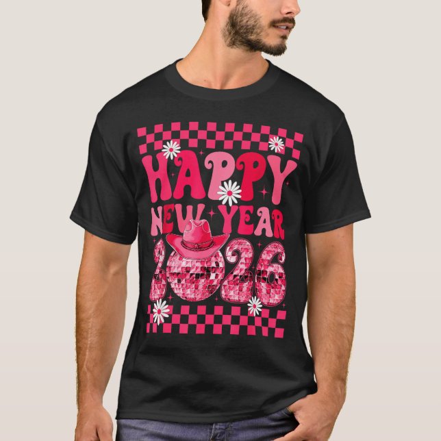 Happy New Year 2026 Cowgirl Cowboy Disco Ball Girl T-Shirt (Front)