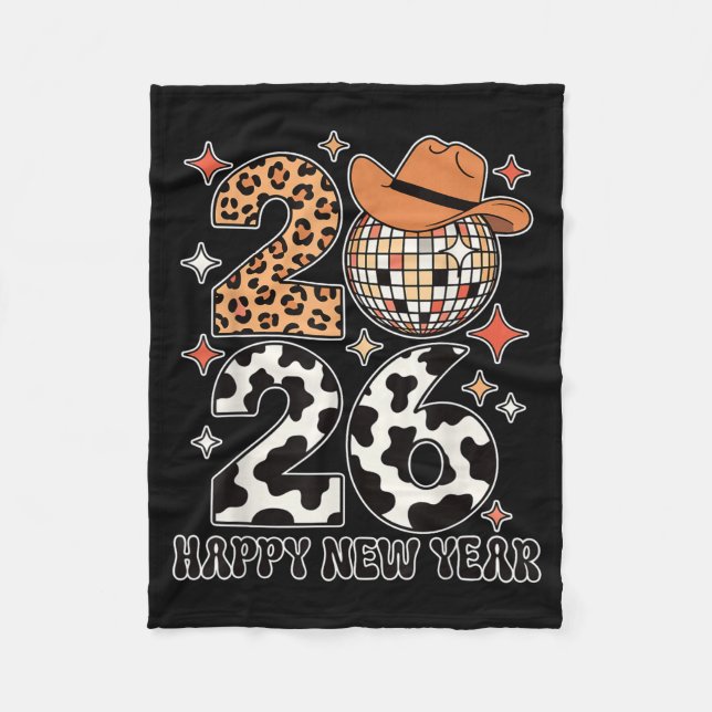 Happy New Year 2026 Cowgirl Disco Ball Western Leo Fleece Blanket (Front)