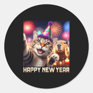 Happy New Year 2026 Cute Cat Capybara Party Art  Classic Round Sticker