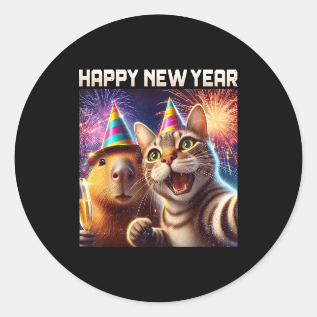 Happy New Year 2026 Cute Cat Capybara Party Art  Classic Round Sticker (Front)