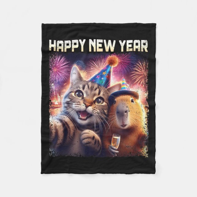 Happy New Year 2026 Cute Cat Capybara Party Art  Fleece Blanket (Front)