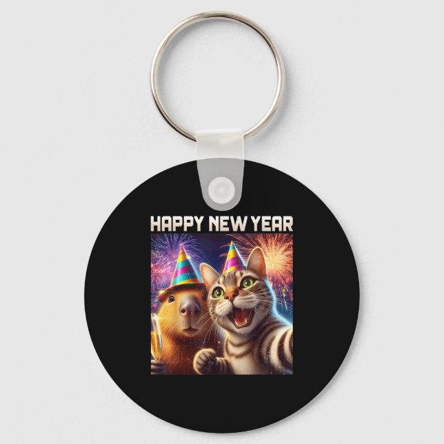 Happy New Year 2026 Cute Cat Capybara Party Art  Key Ring (Front)