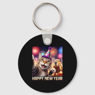 Happy New Year 2026 Cute Cat Capybara Party Art  Key Ring