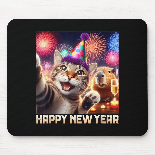 Happy New Year 2026 Cute Cat Capybara Party Art  Mouse Pad (Front)