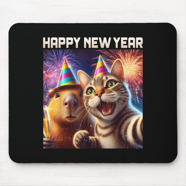 Happy New Year 2026 Cute Cat Capybara Party Art  Mouse Pad (Front)