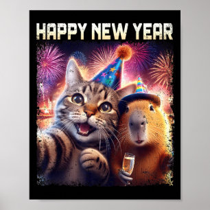 Happy New Year 2026 Cute Cat Capybara Party Art  Poster