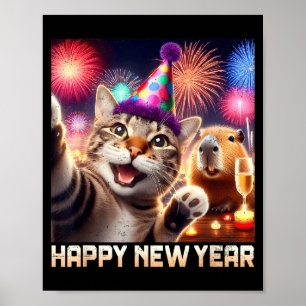 Happy New Year 2026 Cute Cat Capybara Party Art  Poster