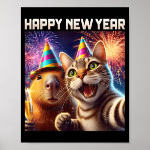 Happy New Year 2026 Cute Cat Capybara Party Art  Poster