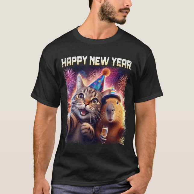 Happy New Year 2026 Cute Cat Capybara Party Art  T-Shirt (Front)