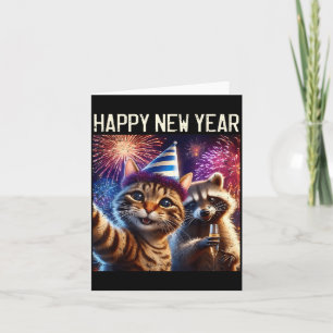Happy New Year 2026 Cute Cat Raccoon Celebration  Card