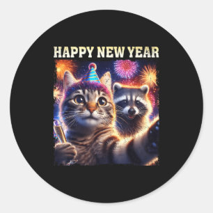 Happy New Year 2026 Cute Cat Raccoon Celebration  Classic Round Sticker