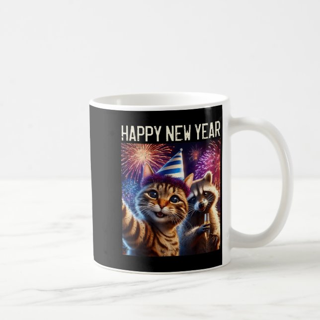 Happy New Year 2026 Cute Cat Raccoon Celebration  Coffee Mug (Right)