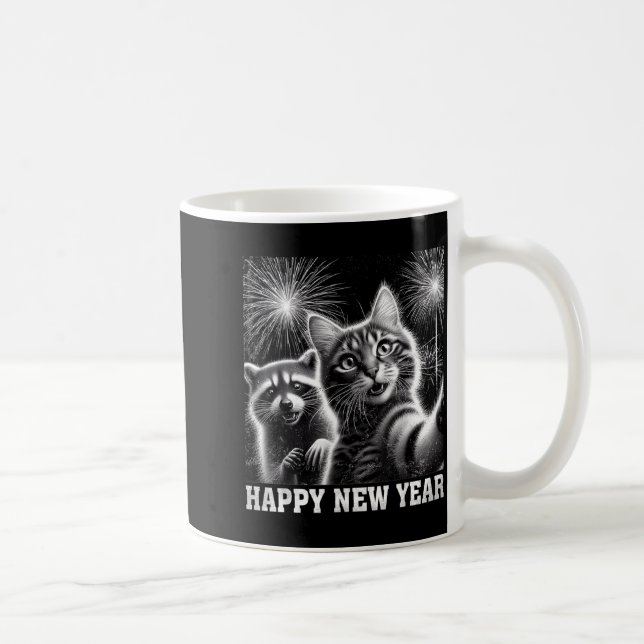 Happy New Year 2026 Cute Cat Raccoon Celebration  Coffee Mug (Right)