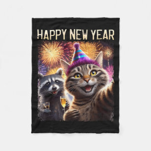 Happy New Year 2026 Cute Cat Raccoon Celebration Fleece Blanket