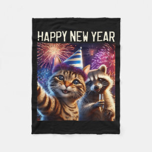 Happy New Year 2026 Cute Cat Raccoon Celebration Fleece Blanket