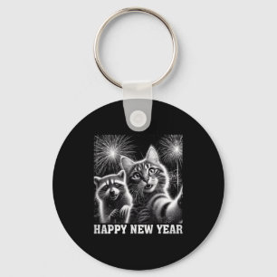 Happy New Year 2026 Cute Cat Raccoon Celebration  Key Ring
