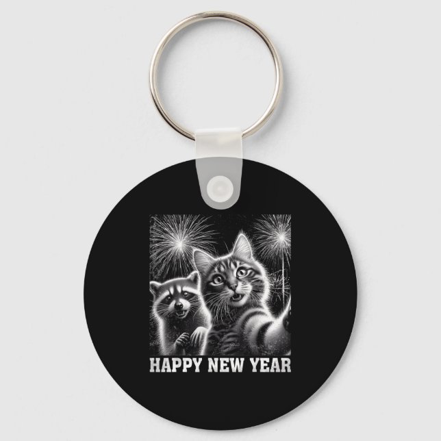 Happy New Year 2026 Cute Cat Raccoon Celebration  Key Ring (Front)
