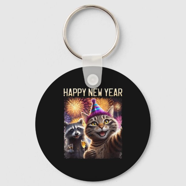Happy New Year 2026 Cute Cat Raccoon Celebration  Key Ring (Front)
