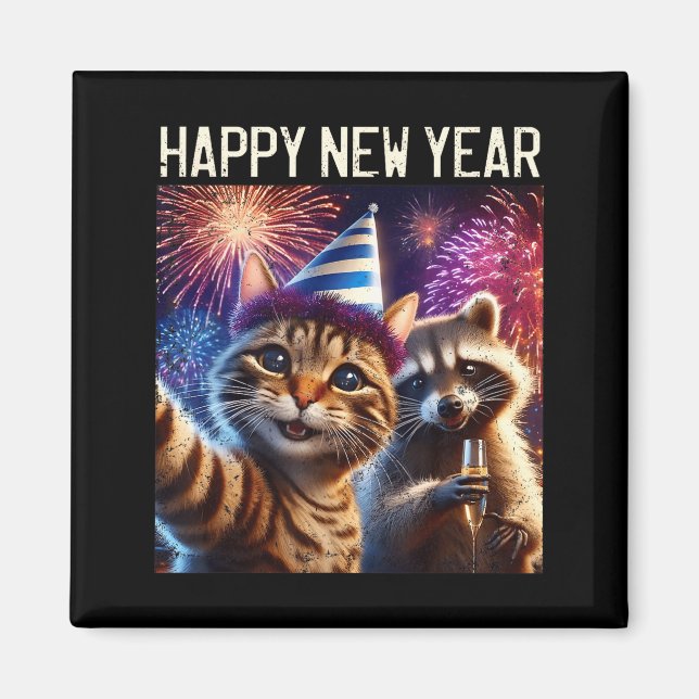 Happy New Year 2026 Cute Cat Raccoon Celebration  Magnet (Front)