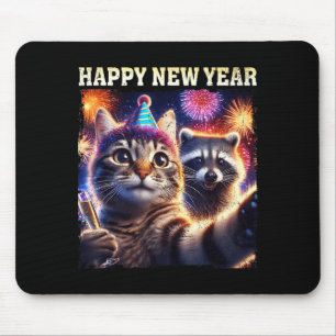 Happy New Year 2026 Cute Cat Raccoon Celebration  Mouse Pad