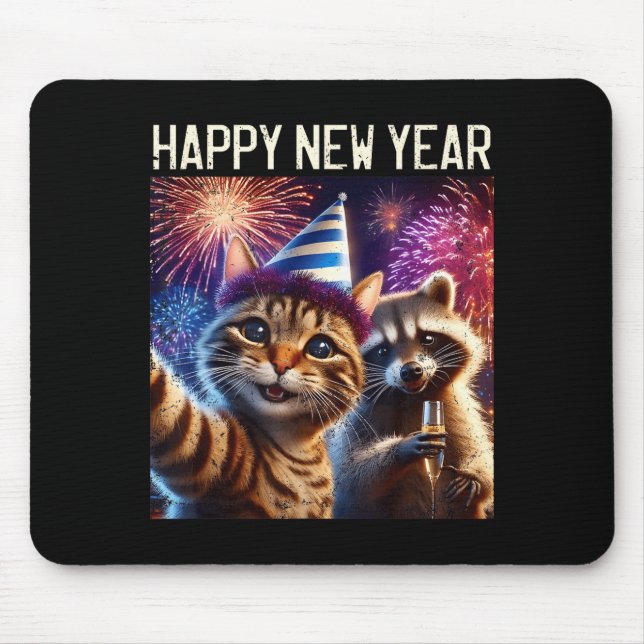 Happy New Year 2026 Cute Cat Raccoon Celebration  Mouse Pad (Front)