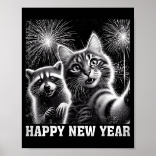 Happy New Year 2026 Cute Cat Raccoon Celebration Poster