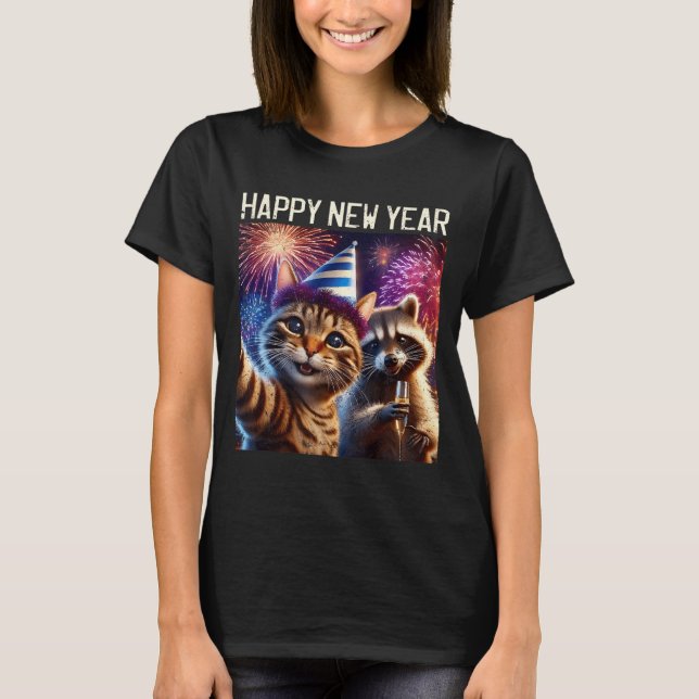 Happy New Year 2026 Cute Cat Raccoon Celebration  T-Shirt (Front)