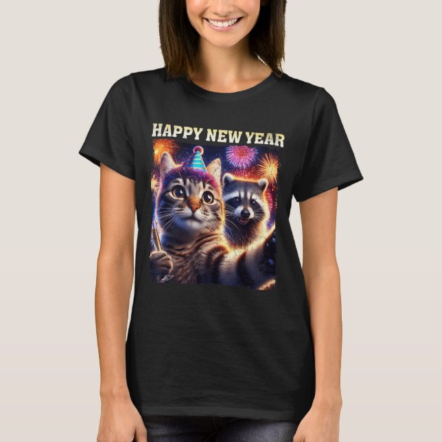 Happy New Year 2026 Cute Cat Raccoon Celebration  T-Shirt (Front)