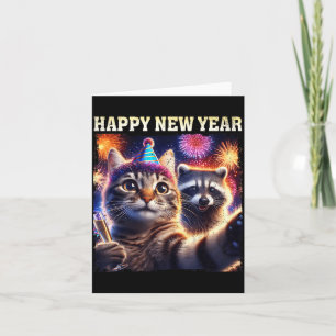 Happy New Year 2026 Cute Cat Racoon Celebration Card