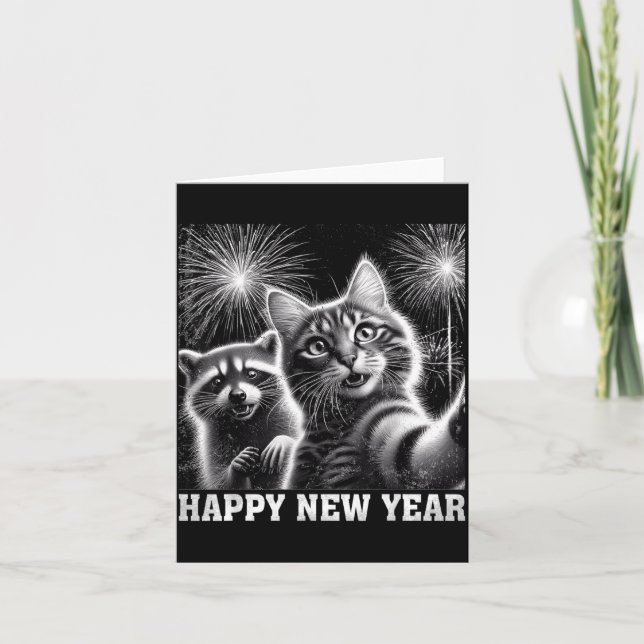 Happy New Year 2026 Cute Cat Racoon Celebration  Card (Front)